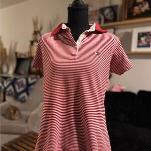 Tommy Hilfiger Red and White Striped Button-Down Polo Shirt